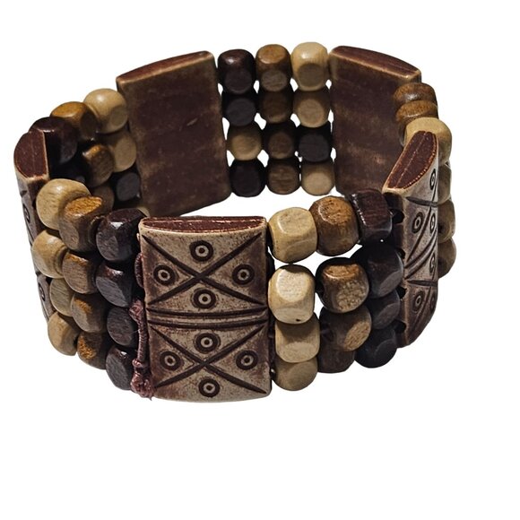 Handmade Boho Tribal Pattern Wooden Beaded Stretch Bracelet Fashion Jewelry - Picture 1 of 4